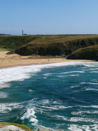 Scenic view of sea against clear blue sky