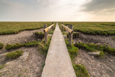 View of footpath in field against sky