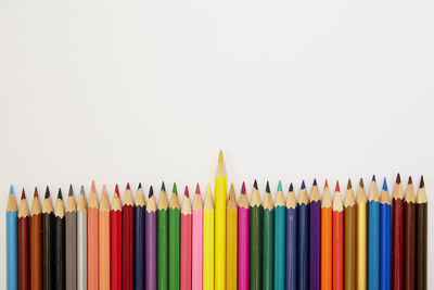 Close-up of multi colored pencils against white background