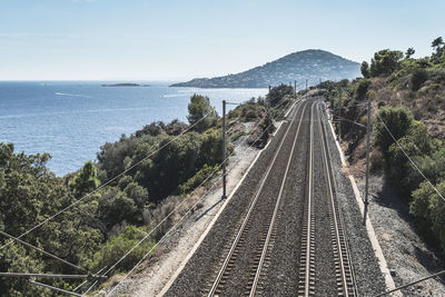 High angle view of railroad tracks by sea against sky