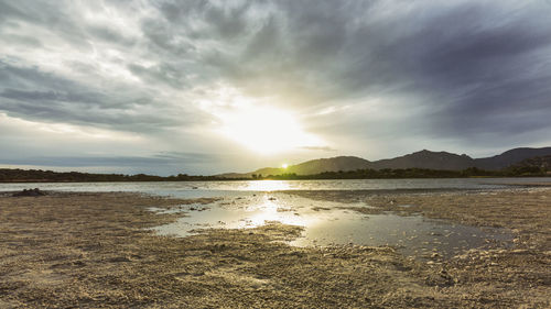 Scenic view of beach against sky during sunset