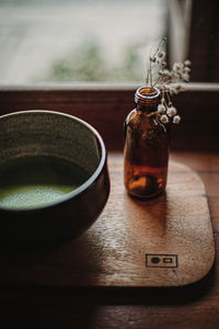 Close-up of tea in glass on table