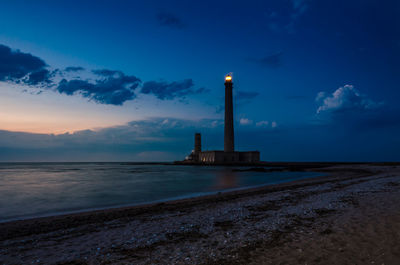 Lighthouse by sea against sky during sunset