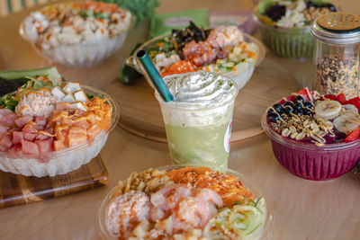 High angle view of breakfast served on table