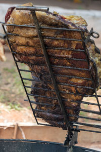 Close-up of meat on barbecue grill