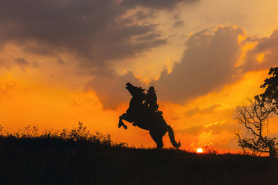 Silhouette woman walking on field against sky during sunset