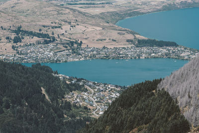 High angle view of bay and cityscape