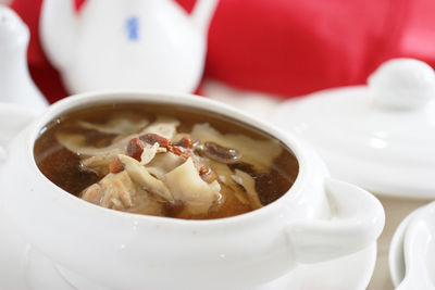 Close-up of soup in bowl on table