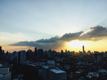 City skyline at sunset