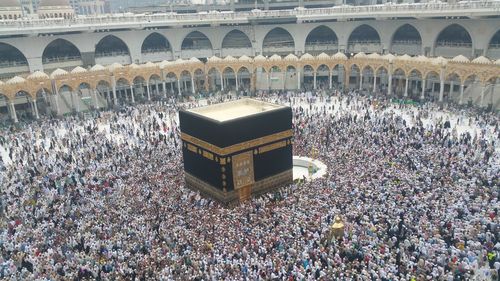 High angle view of people outside building