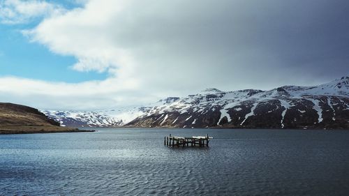 Scenic view of lake against snowcapped mountains against sky