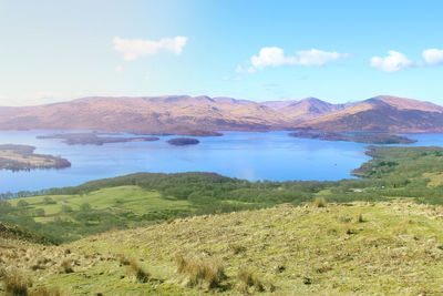 Scenic view of lake and mountains against sky