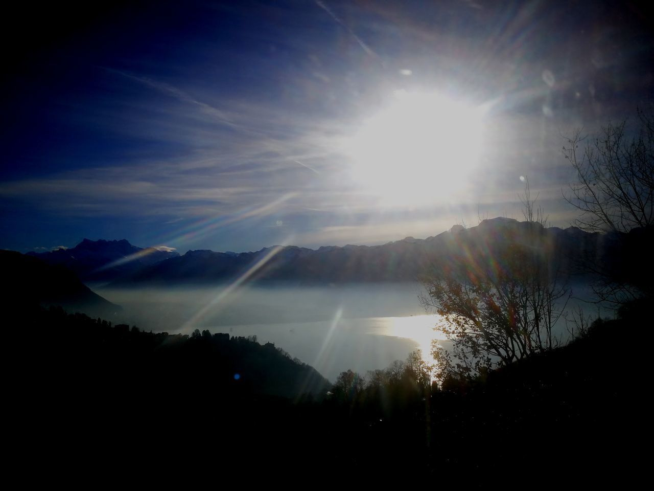 SUNLIGHT STREAMING THROUGH SILHOUETTE TREES ON LANDSCAPE AGAINST BRIGHT SKY