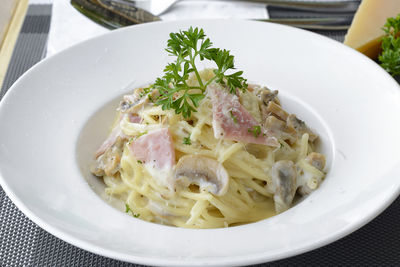 Close-up of spaghetti with cheese and meat in plate