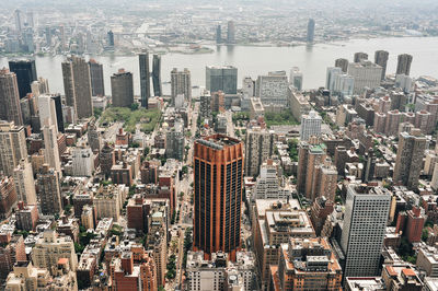 High angle view of modern buildings in city