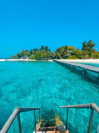 Scenic view of sea against clear blue sky