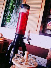 Close-up of wine glass bottle on table at restaurant