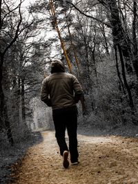 Rear view of man walking on footpath in forest