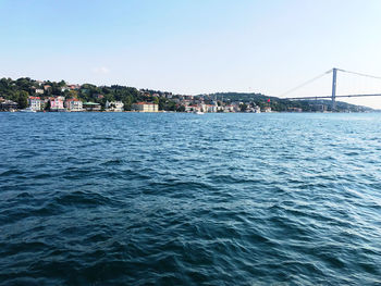 Scenic view of bay against clear sky