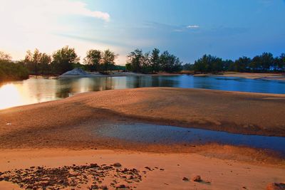 Scenic view of lake against sky during sunset