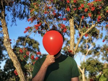 Man holding red balloon against flowering tree.