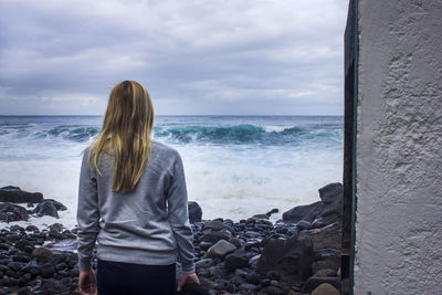 Rear view of man looking at sea against sky