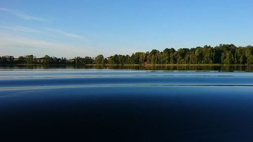 Water surface shot of lake against clear blue sky