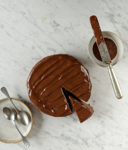 High angle view of chocolate cake on table