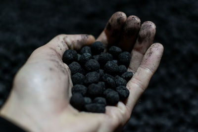 Close-up of hand holding iron ore pellets.