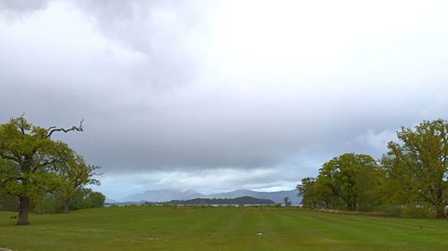 Scenic view of grassy field against cloudy sky