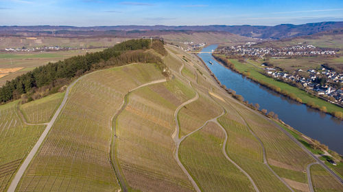 High angle view of agricultural field against sky