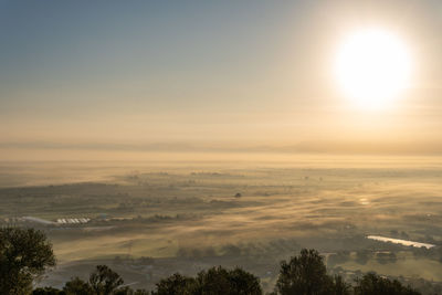 High angle view of landscape against sky during sunset