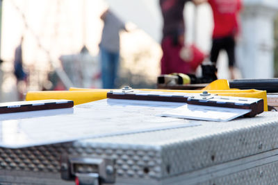 Film production crew equipment, close up of movie clapper board