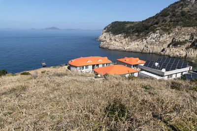 High angle view of sea against clear sky