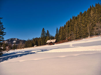 Scenic view of snow covered mountains against clear blue sky