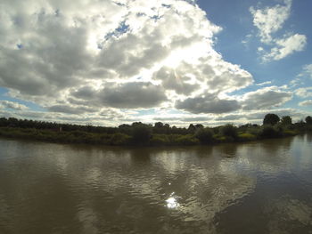 Scenic view of lake against cloudy sky
