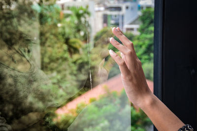 Close-up of hand against window