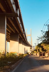 Road by buildings against clear sky