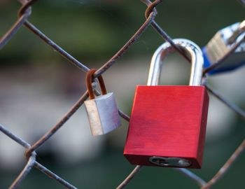 Close-up of padlocks hanging on chainlink fence