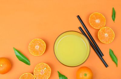 High angle view of orange fruits on table