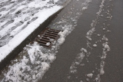 Urban tarmac road and sidewalk covered in heavy snow that is beginning to thaw. surface drain