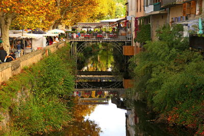 Bridge over canal amidst trees and buildings