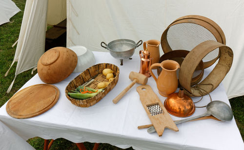 High angle view of breakfast on table