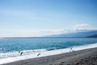 Scenic view of sea against blue sky