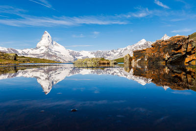 Scenic view of lake by snowcapped mountain against blue sky