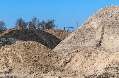 Low angle view of rocks against clear blue sky