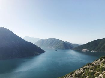 Scenic view of sea and mountains against clear sky