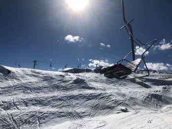 Snow covered land against sky on sunny day