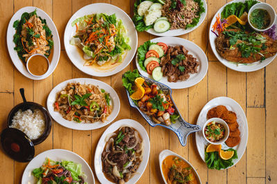 High angle view of thai food served on table