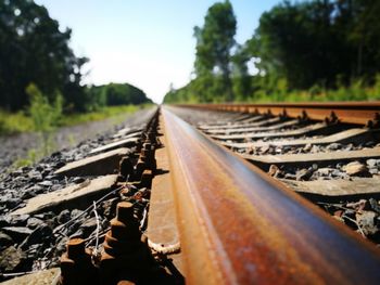 Close-up of railroad tracks against trees